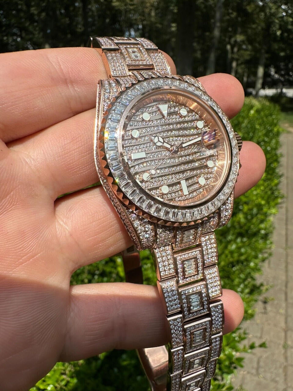 SUMMER 2023 WAVE EDITION Real Baguette MOISSANITE Mens NO ID Presidential Watch Iced Rose Gold