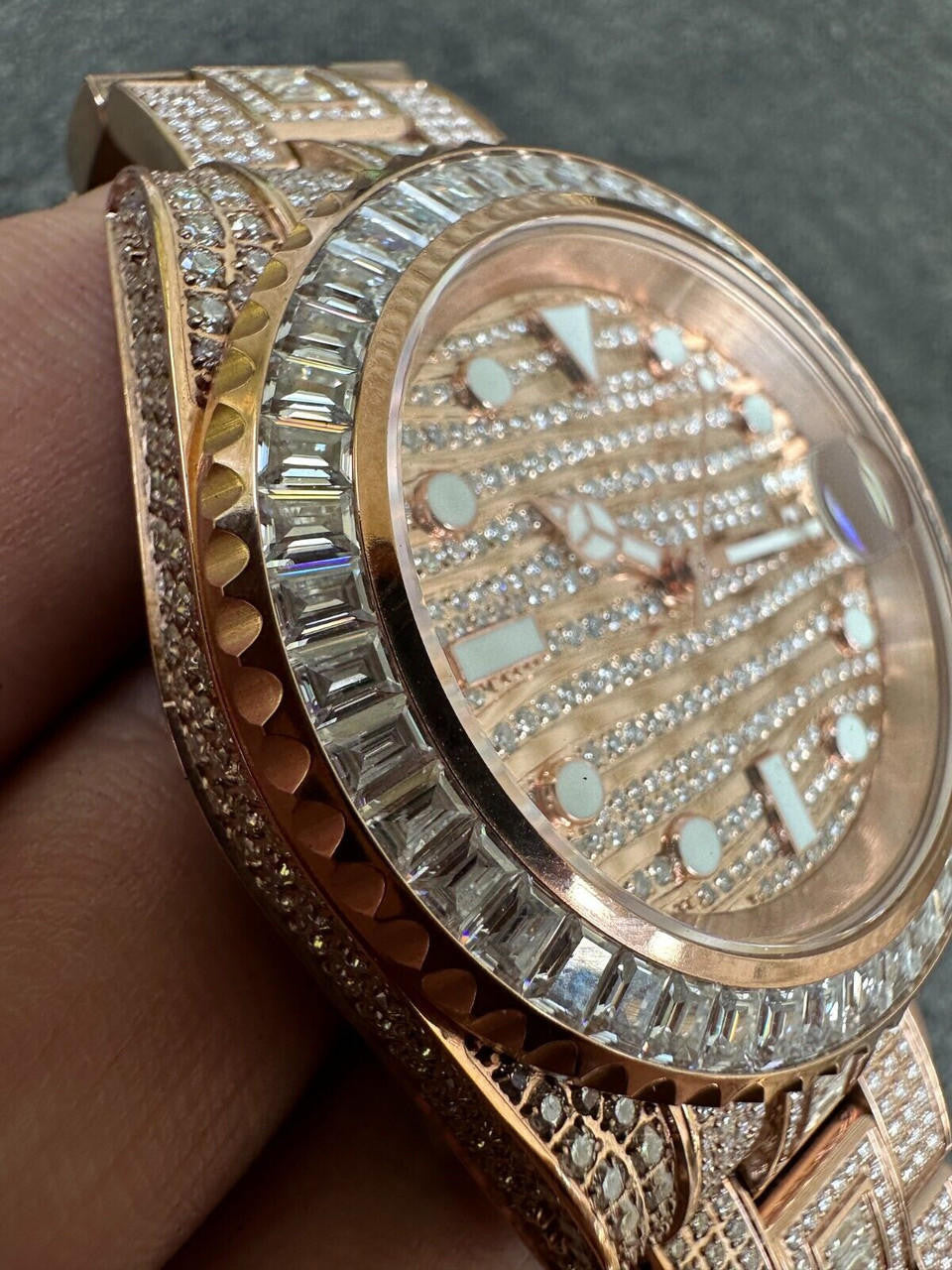 SUMMER 2023 WAVE EDITION Real Baguette MOISSANITE Mens NO ID Presidential Watch Iced Rose Gold