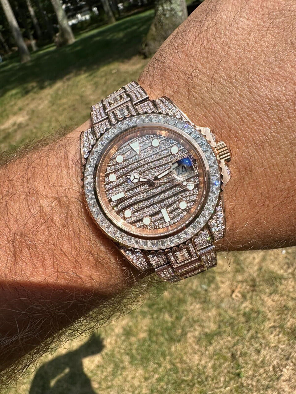 SUMMER 2023 WAVE EDITION Real Baguette MOISSANITE Mens NO ID Presidential Watch Iced Rose Gold