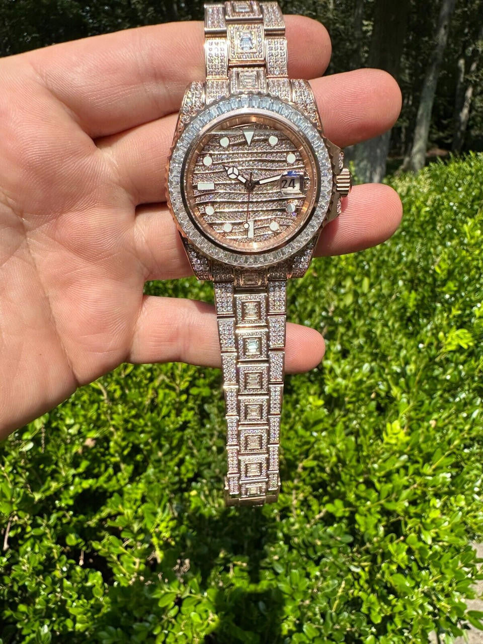SUMMER 2023 WAVE EDITION Real Baguette MOISSANITE Mens NO ID Presidential Watch Iced Rose Gold