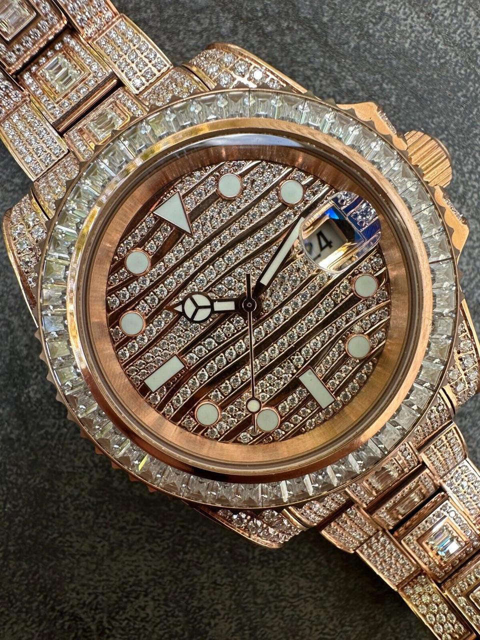 SUMMER 2023 WAVE EDITION Real Baguette MOISSANITE Mens NO ID Presidential Watch Iced Rose Gold