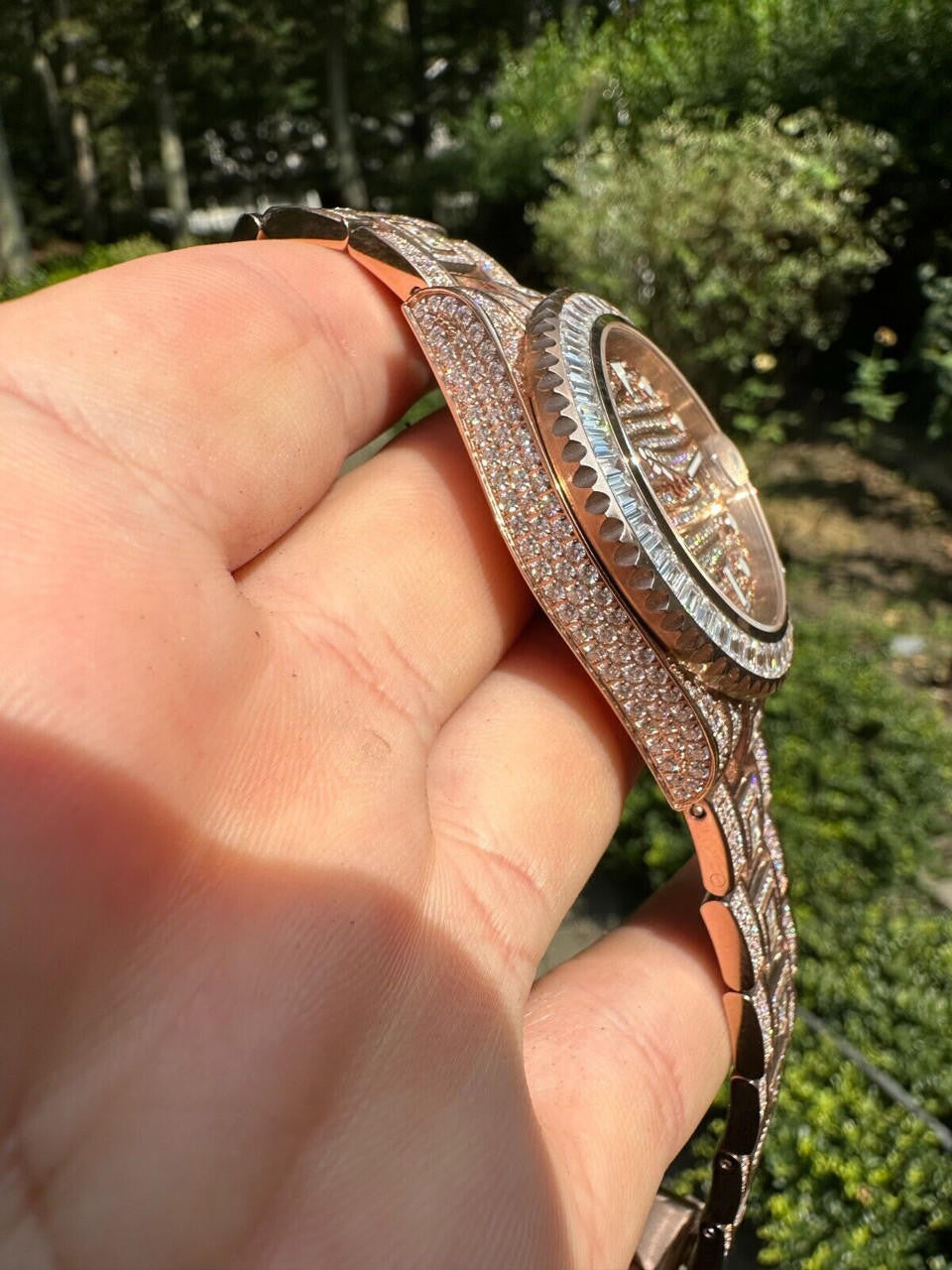 SUMMER 2023 WAVE EDITION Real Baguette MOISSANITE Mens NO ID Presidential Watch Iced Rose Gold