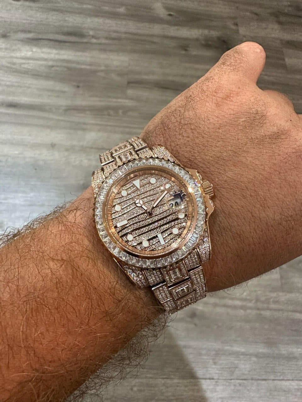 SUMMER 2023 WAVE EDITION Real Baguette MOISSANITE Mens NO ID Presidential Watch Iced Rose Gold