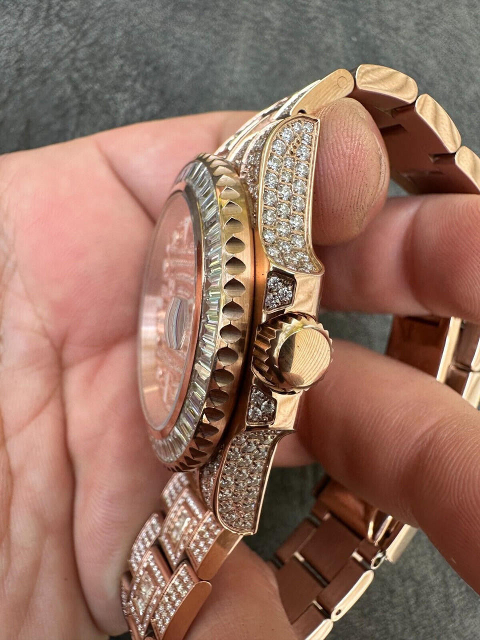 SUMMER 2023 WAVE EDITION Real Baguette MOISSANITE Mens NO ID Presidential Watch Iced Rose Gold