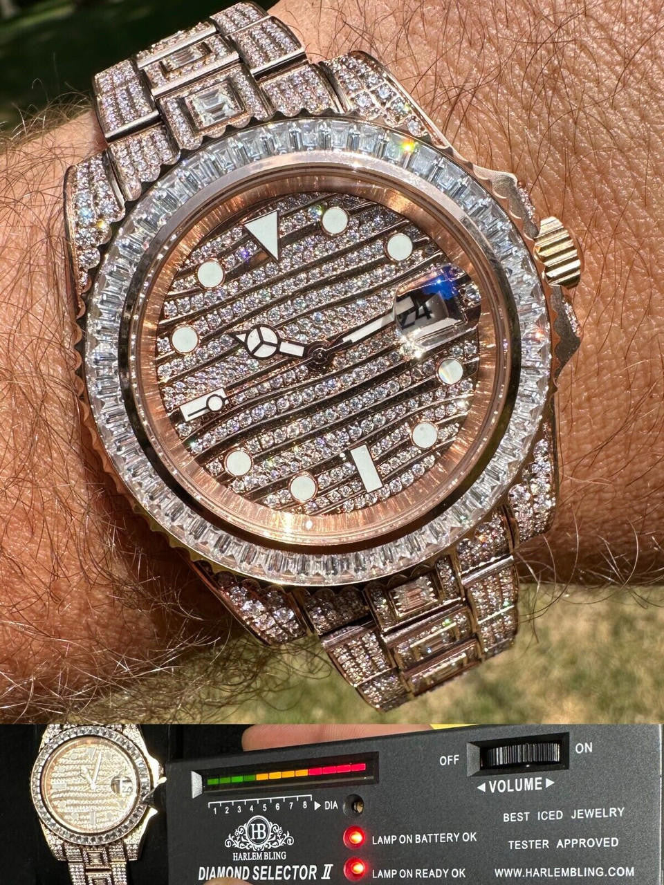 SUMMER 2023 WAVE EDITION Real Baguette MOISSANITE Mens NO ID Presidential Watch Iced Rose Gold