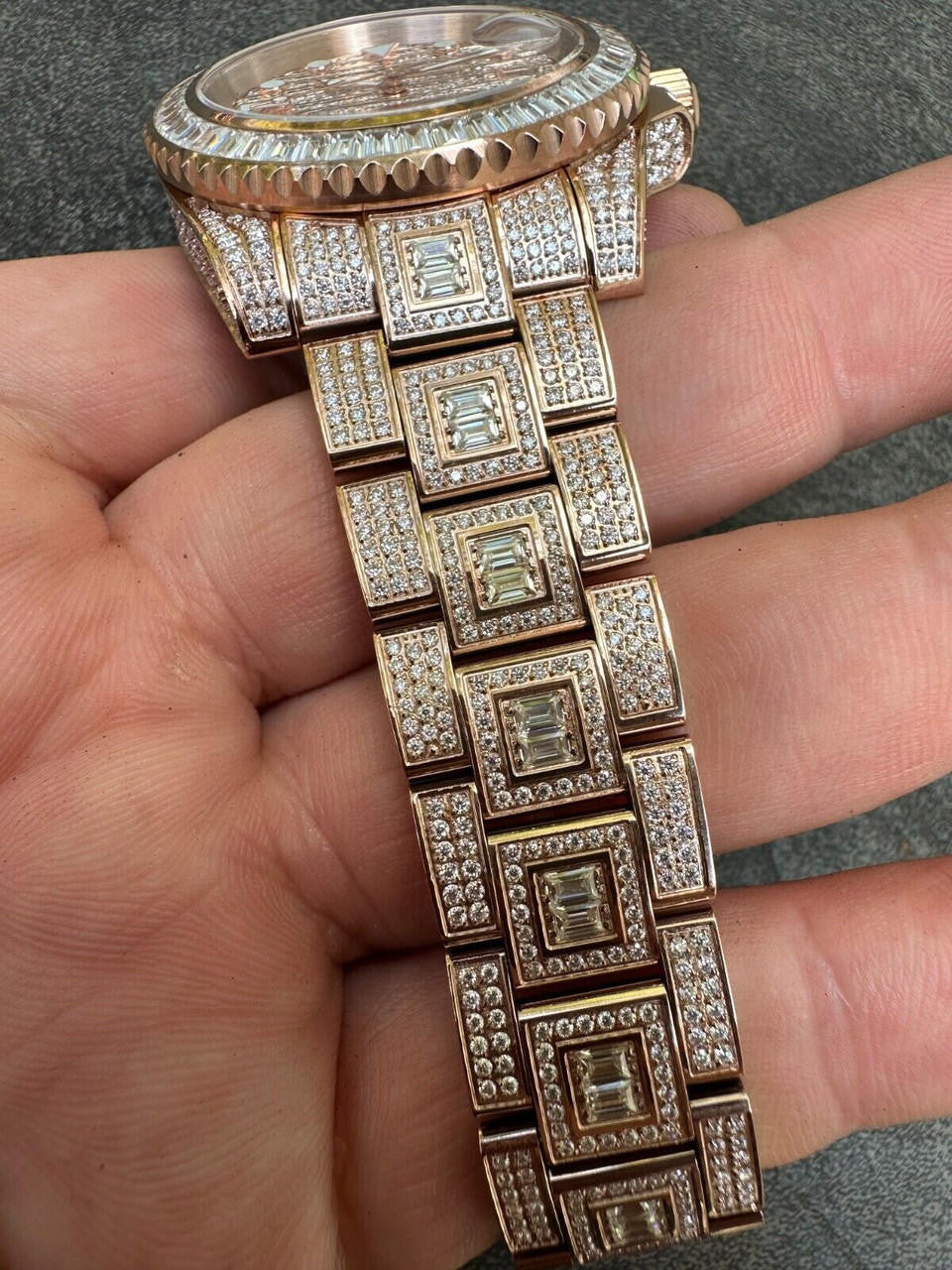 SUMMER 2023 WAVE EDITION Real Baguette MOISSANITE Mens NO ID Presidential Watch Iced Rose Gold