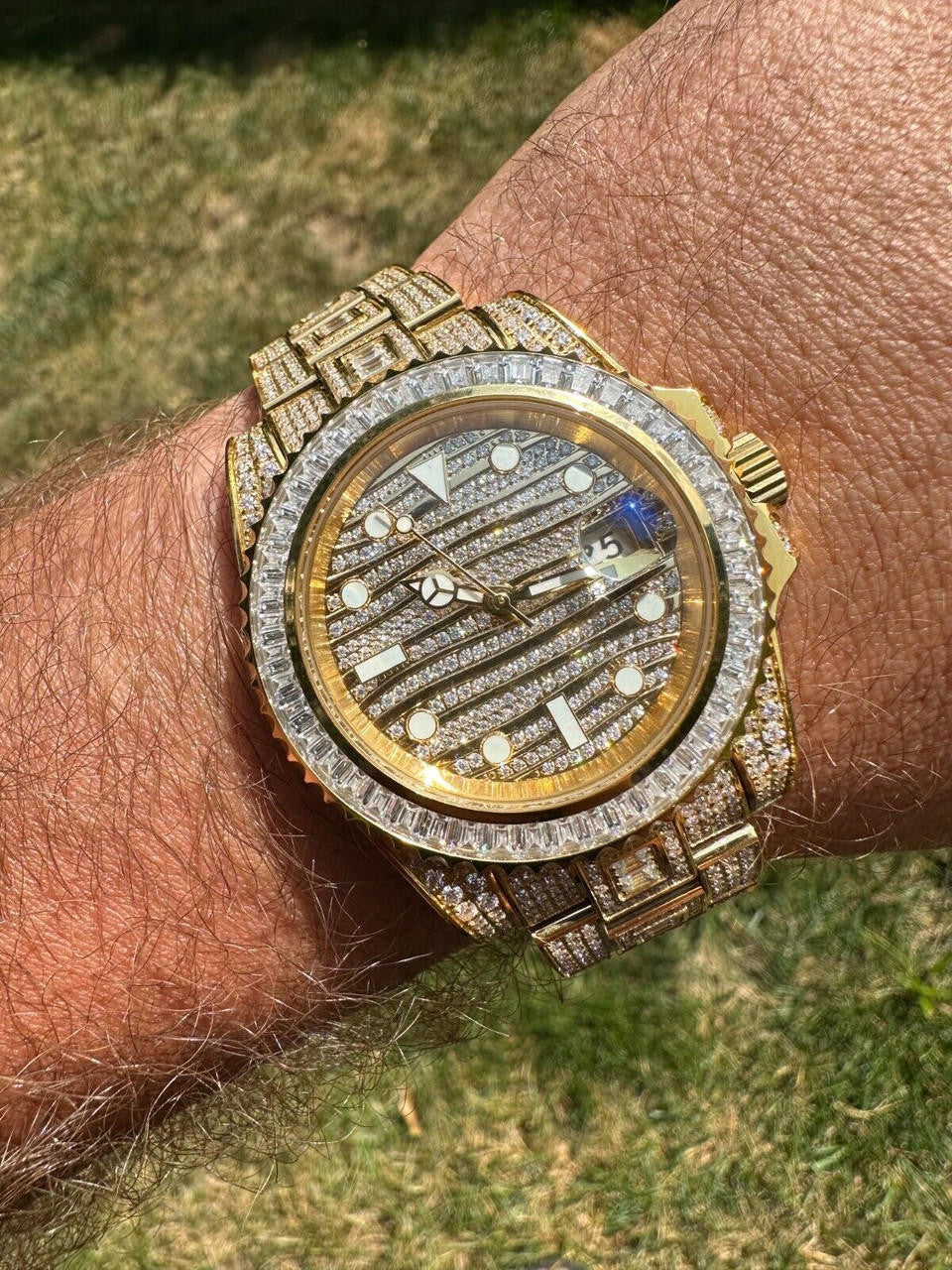 SUMMER 2023 WAVE EDITION Real Baguette MOISSANITE Mens NO ID Presidential Wave Watch Iced Gold  Hip Hop