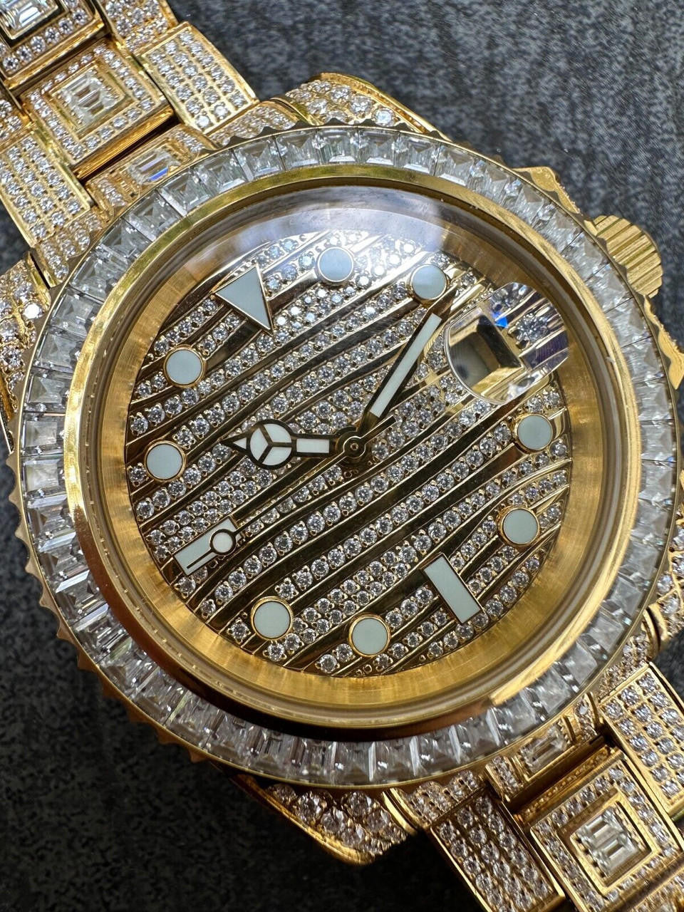 SUMMER 2023 WAVE EDITION Real Baguette MOISSANITE Mens NO ID Presidential Wave Watch Iced Gold  Hip Hop