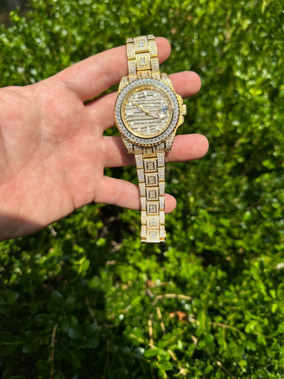 SUMMER 2023 WAVE EDITION Real Baguette MOISSANITE Mens NO ID Presidential Wave Watch Iced Gold  Hip Hop