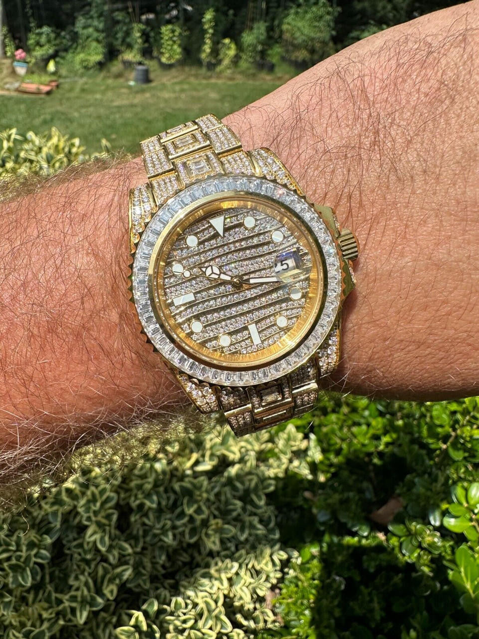 SUMMER 2023 WAVE EDITION Real Baguette MOISSANITE Mens NO ID Presidential Wave Watch Iced Gold  Hip Hop
