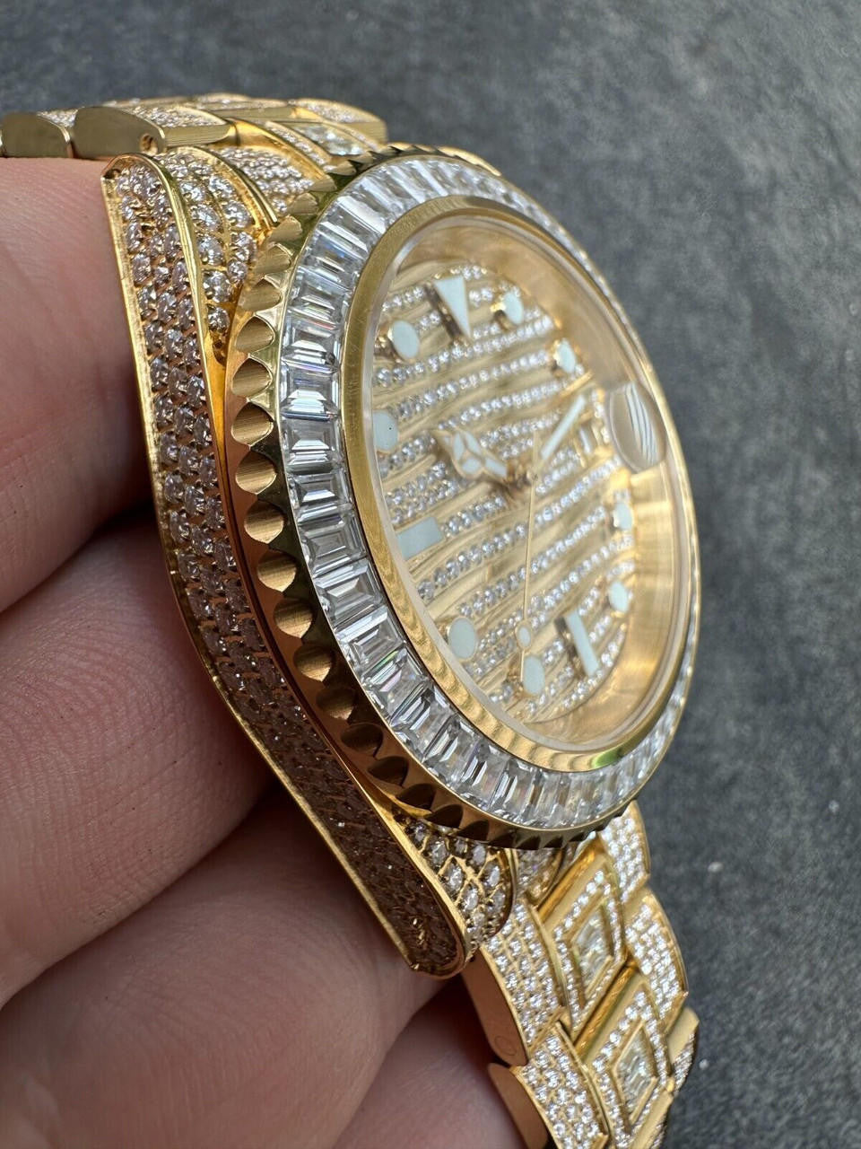 SUMMER 2023 WAVE EDITION Real Baguette MOISSANITE Mens NO ID Presidential Wave Watch Iced Gold  Hip Hop