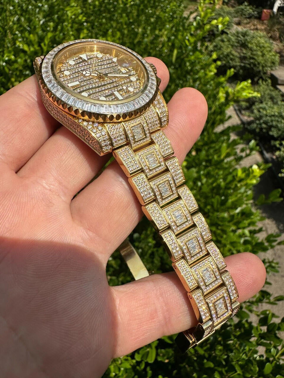 SUMMER 2023 WAVE EDITION Real Baguette MOISSANITE Mens NO ID Presidential Wave Watch Iced Gold  Hip Hop