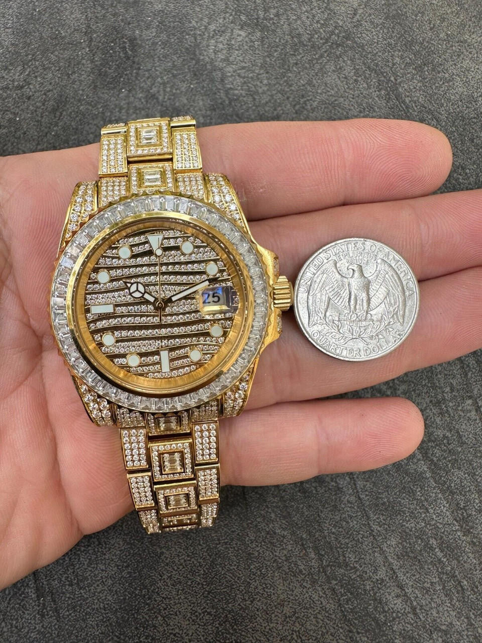 SUMMER 2023 WAVE EDITION Real Baguette MOISSANITE Mens NO ID Presidential Wave Watch Iced Gold  Hip Hop