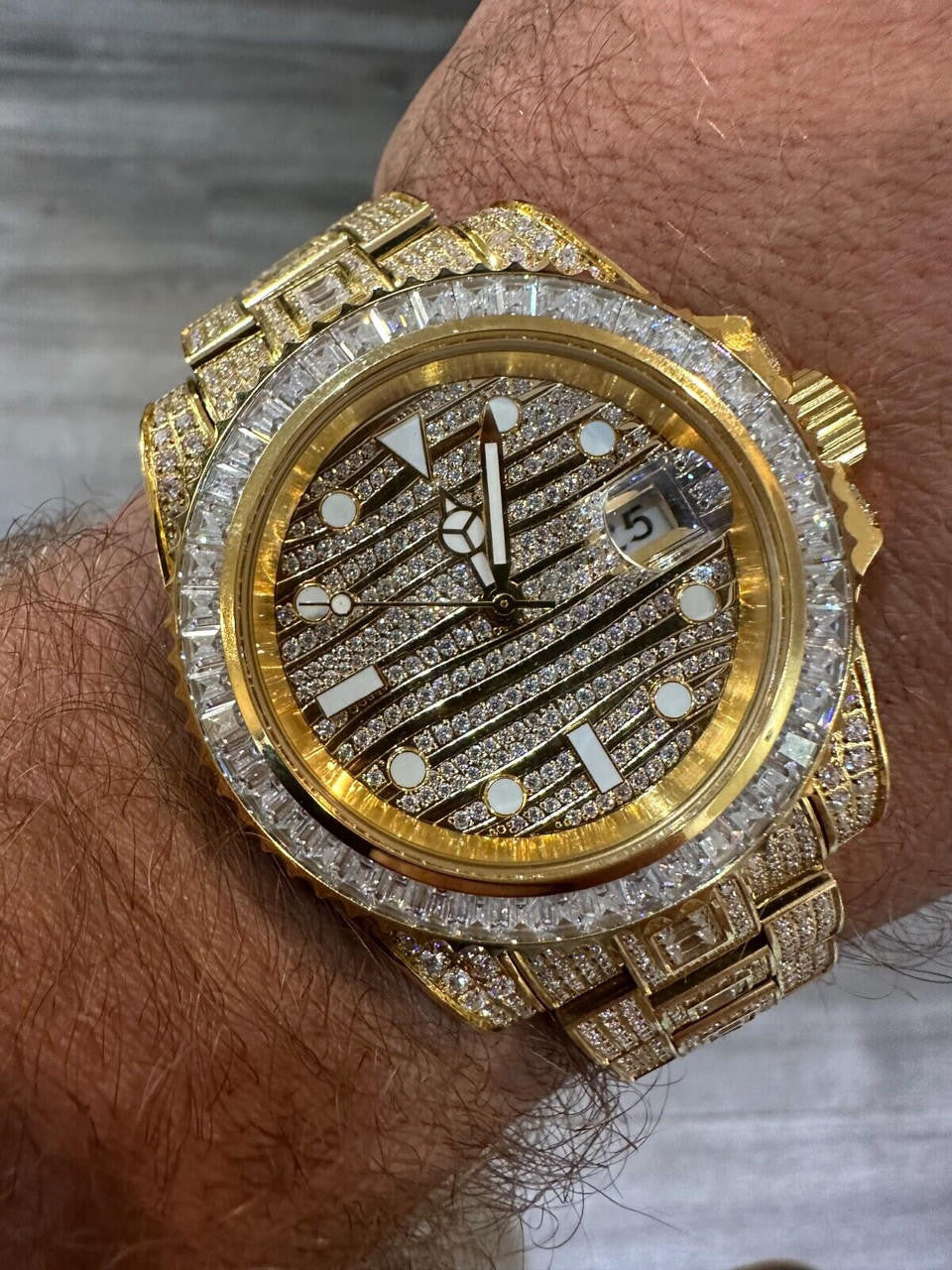 SUMMER 2023 WAVE EDITION Real Baguette MOISSANITE Mens NO ID Presidential Wave Watch Iced Gold  Hip Hop