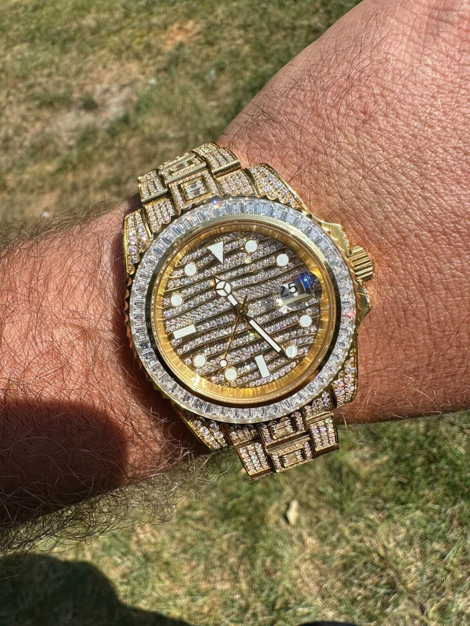 SUMMER 2023 WAVE EDITION Real Baguette MOISSANITE Mens NO ID Presidential Wave Watch Iced Gold  Hip Hop
