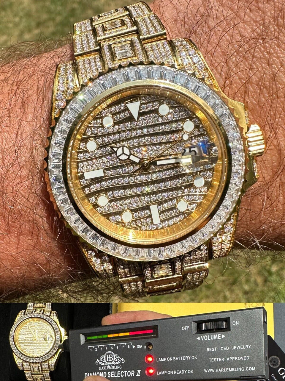 SUMMER 2023 WAVE EDITION Real Baguette MOISSANITE Mens NO ID Presidential Wave Watch Iced Gold  Hip Hop