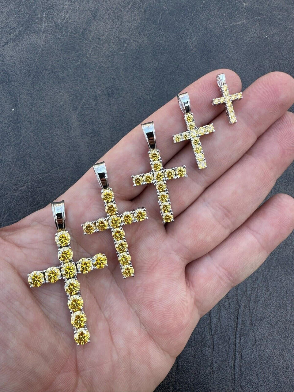 Yellow Canary MOISSANITE Tennis Cross - 925 Silver - 5 Sizes 0.75"-2.25"