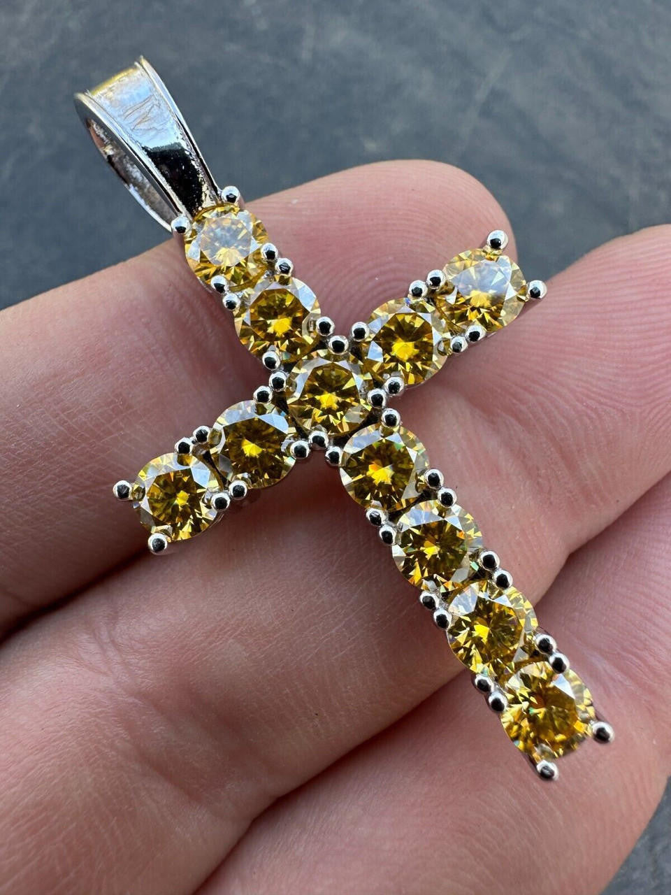 Yellow Canary MOISSANITE Tennis Cross - 925 Silver - 5 Sizes 0.75"-2.25"