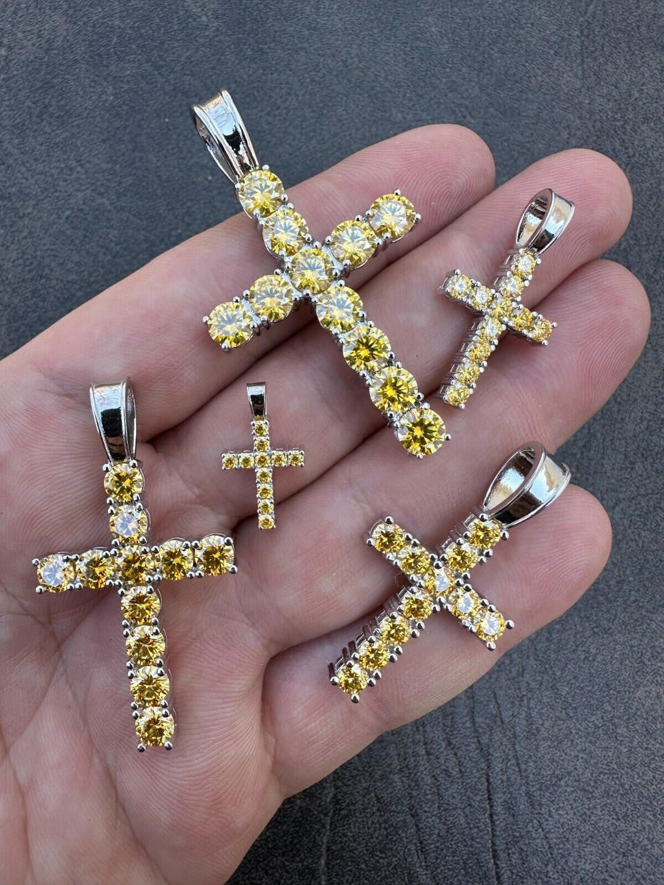 Yellow Canary MOISSANITE Tennis Cross - 925 Silver - 5 Sizes 0.75"-2.25"