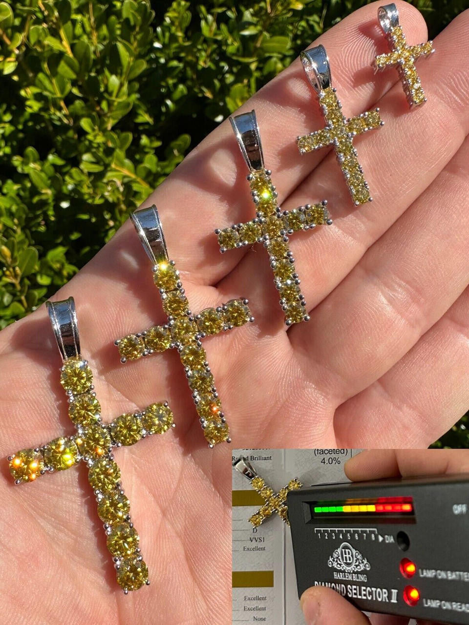 Yellow Canary MOISSANITE Tennis Cross - 925 Silver - 5 Sizes 0.75"-2.25"