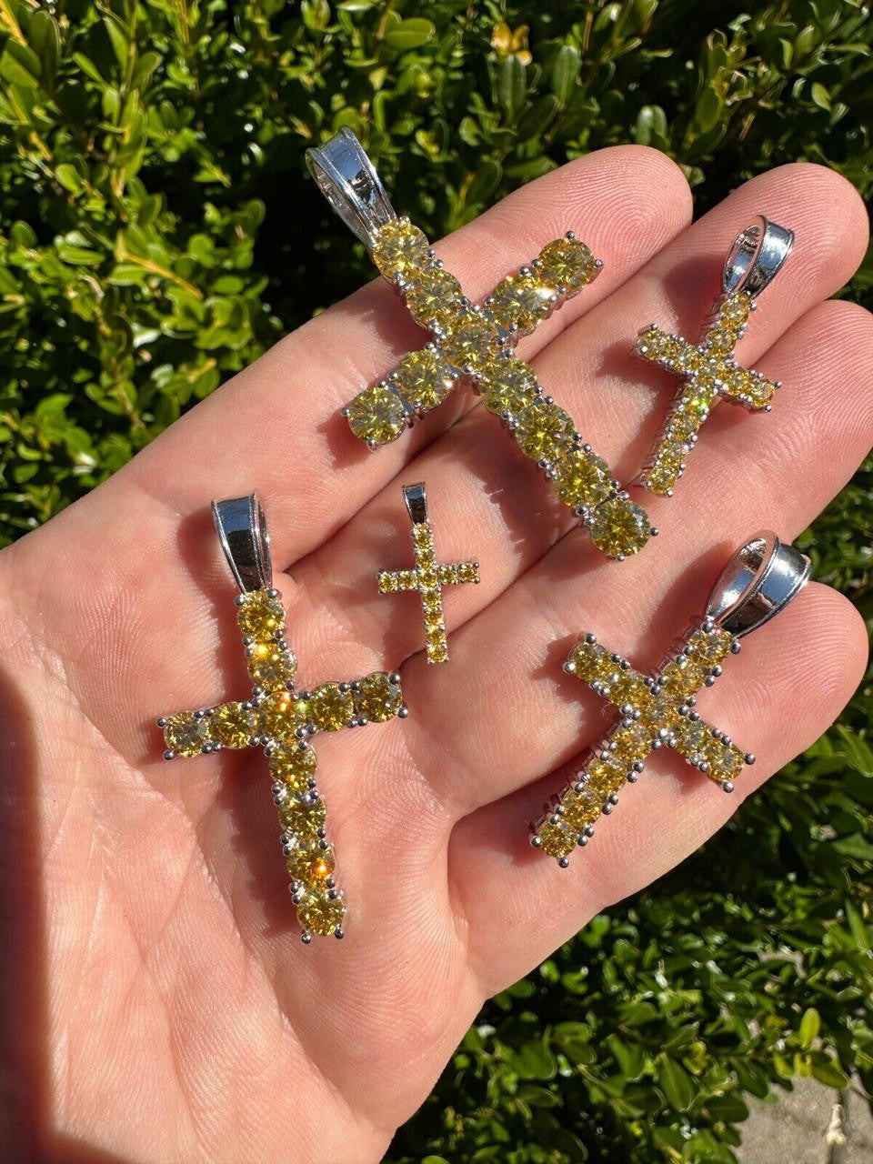 Yellow Canary MOISSANITE Tennis Cross - 925 Silver - 5 Sizes 0.75"-2.25"