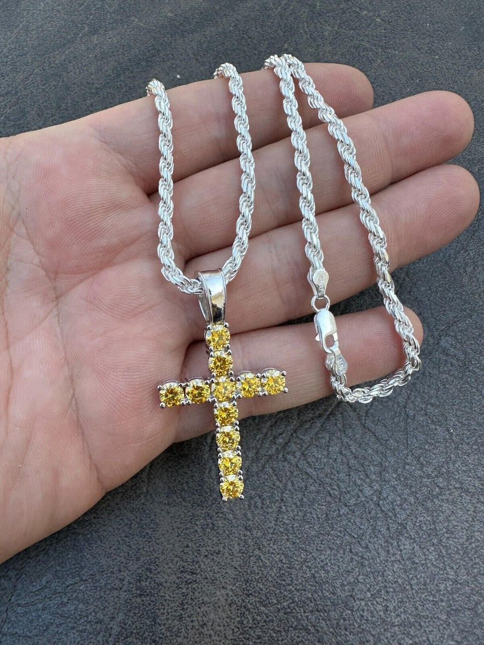 Yellow Canary MOISSANITE Tennis Cross - 925 Silver - 5 Sizes 0.75"-2.25"
