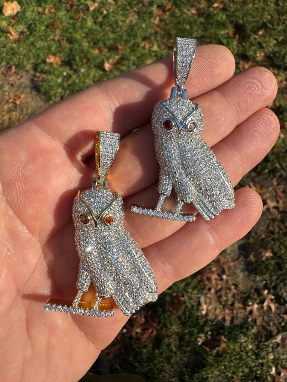 MOISSANITE Owl Iced Out Pendant - 14k Gold Vermeil Or 925 Silver - Medium 2.25"