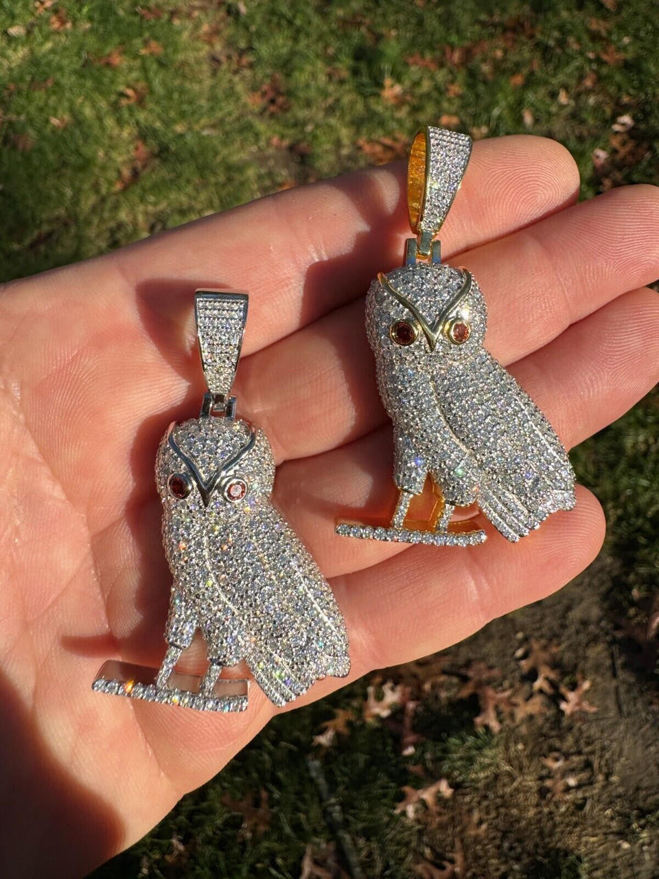 MOISSANITE Owl Iced Out Pendant - 14k Gold Vermeil Or 925 Silver - Medium 2.25"
