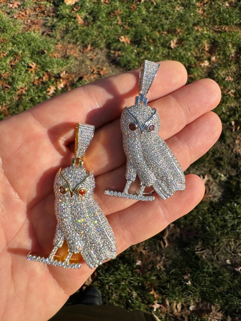 MOISSANITE Owl Iced Out Pendant - 14k Gold Vermeil Or 925 Silver - Medium 2.25"