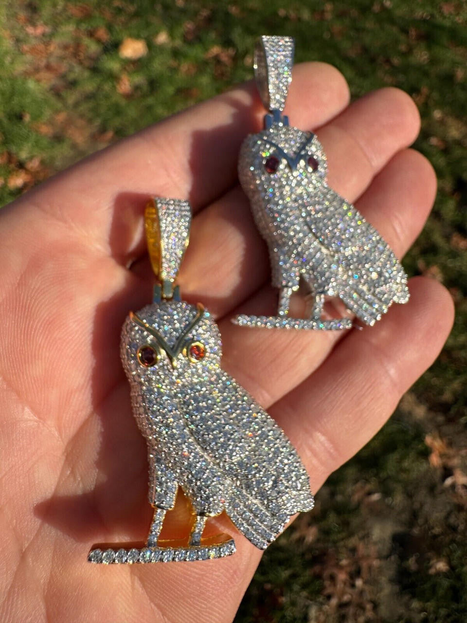 MOISSANITE Owl Iced Out Pendant - 14k Gold Vermeil Or 925 Silver - Medium 2.25"