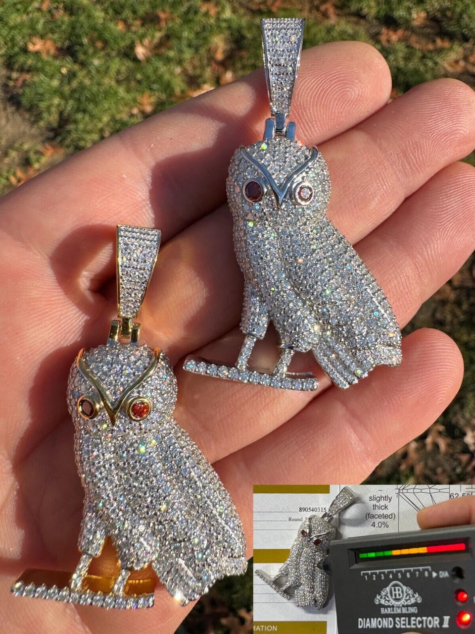 MOISSANITE Owl Iced Out Pendant - 14k Gold Vermeil Or 925 Silver - Medium 2.25"