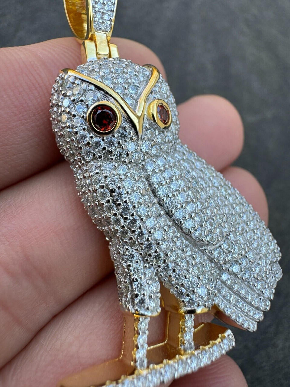 MOISSANITE Owl Iced Out Pendant - 14k Gold Vermeil Or 925 Silver - Medium 2.25"