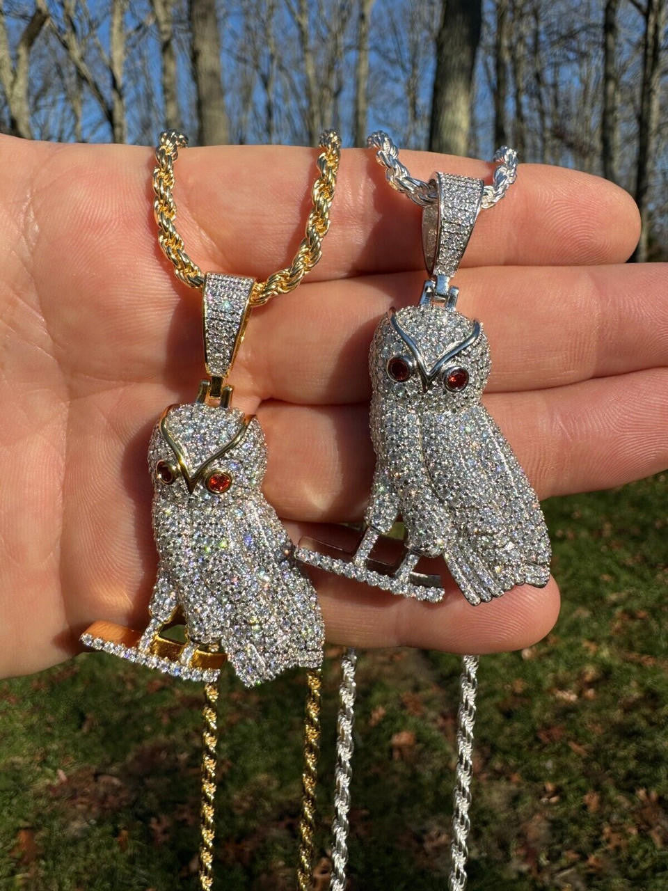 MOISSANITE Owl Iced Out Pendant - 14k Gold Vermeil Or 925 Silver - Medium 2.25"