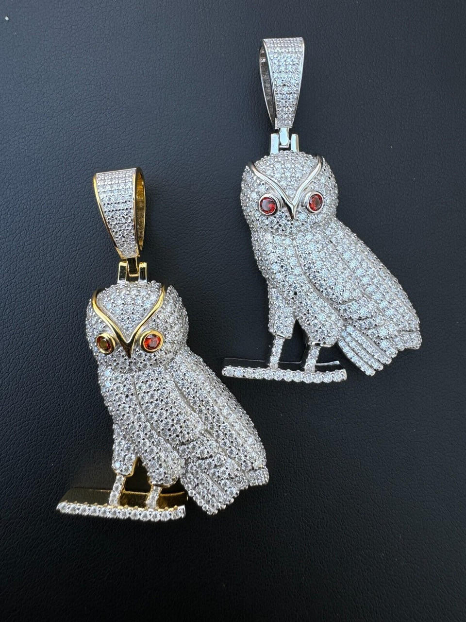MOISSANITE Owl Iced Out Pendant - 14k Gold Vermeil Or 925 Silver - Medium 2.25"