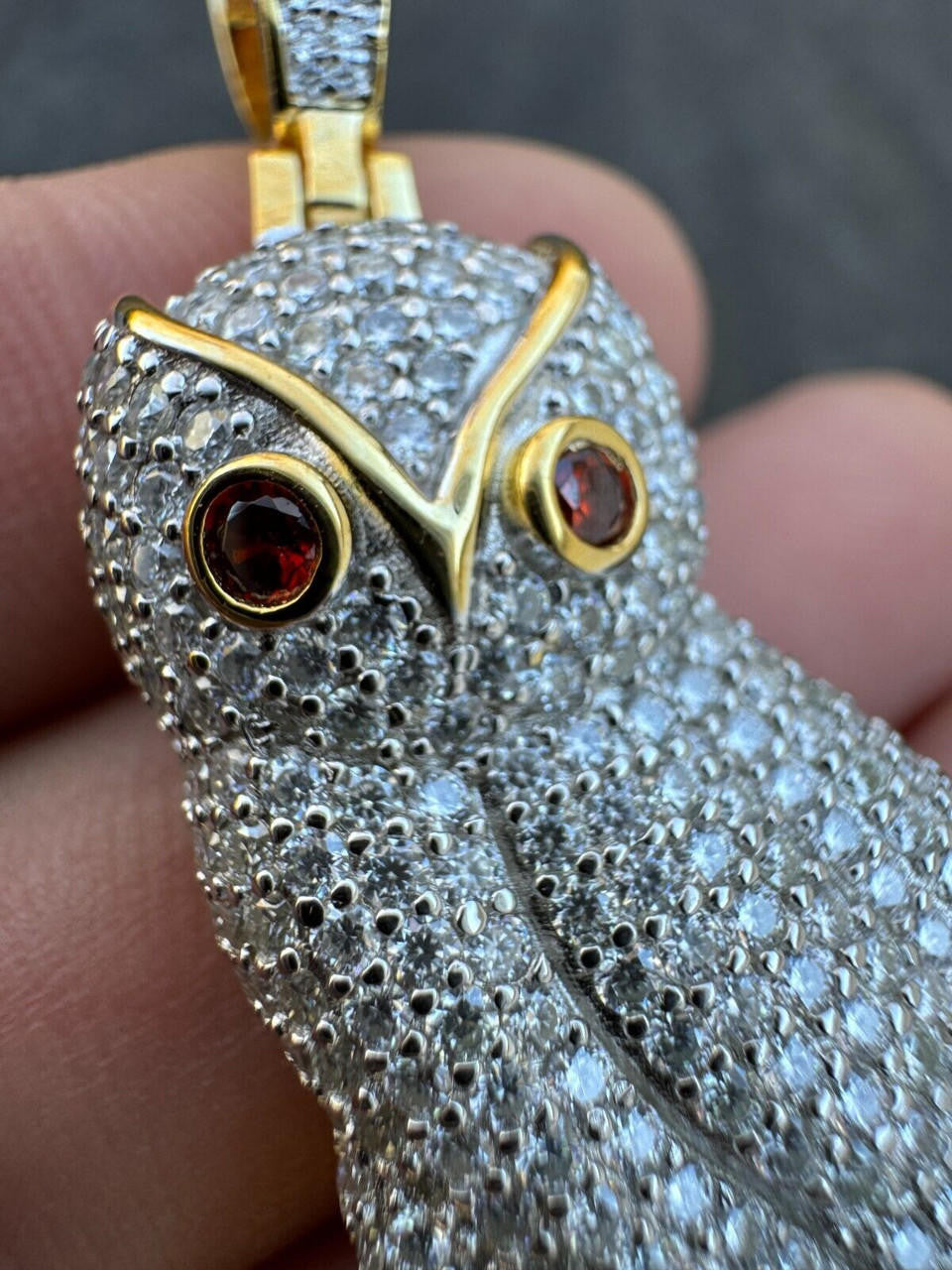 MOISSANITE Owl Iced Out Pendant - 14k Gold Vermeil Or 925 Silver - Medium 2.25"