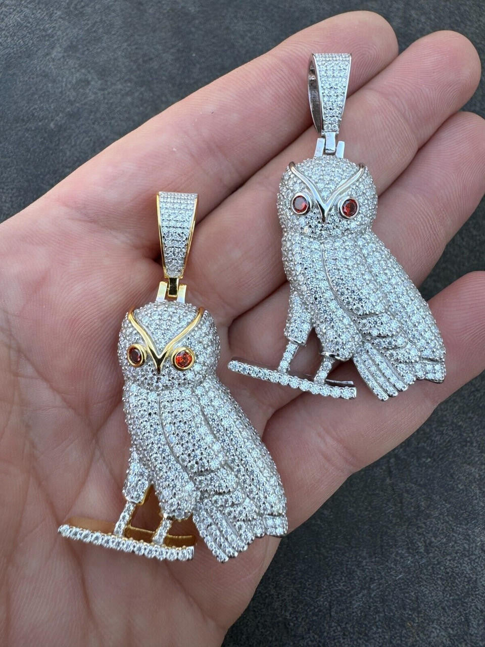 MOISSANITE Owl Iced Out Pendant - 14k Gold Vermeil Or 925 Silver - Medium 2.25"