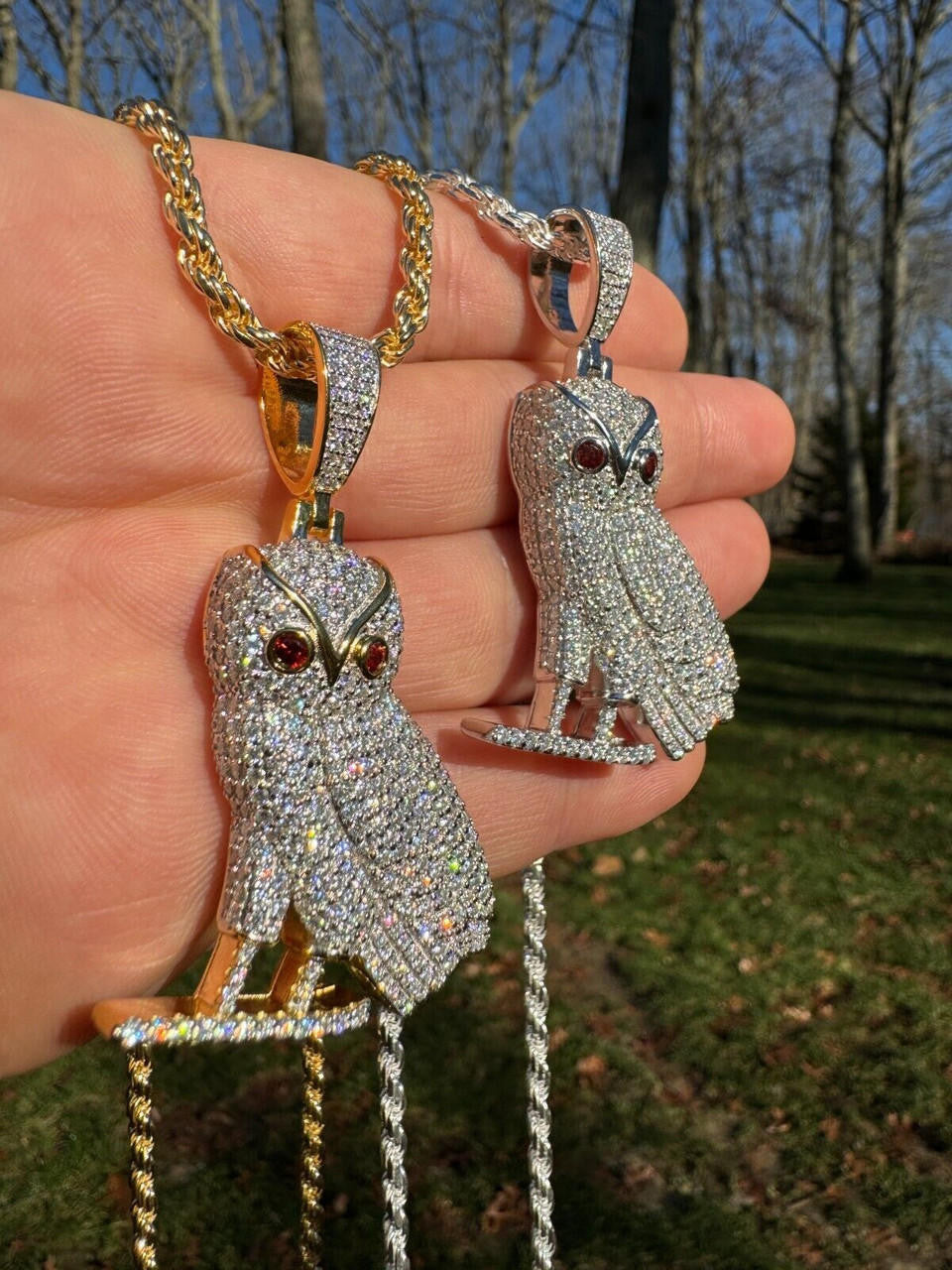 MOISSANITE Owl Iced Out Pendant - 14k Gold Vermeil Or 925 Silver - Medium 2.25"