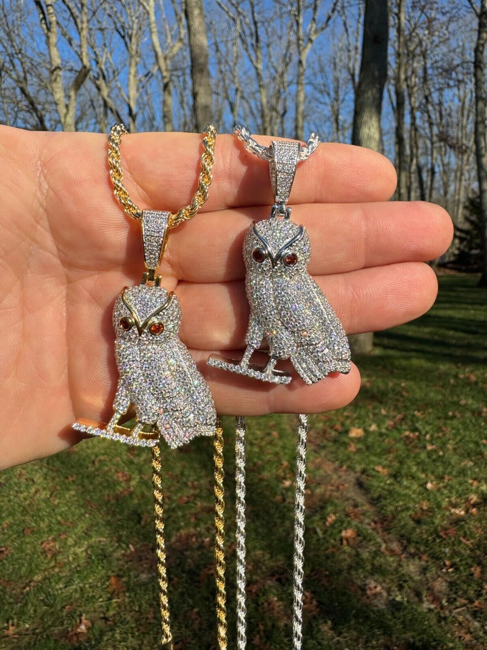 MOISSANITE Owl Iced Out Pendant - 14k Gold Vermeil Or 925 Silver - Medium 2.25"