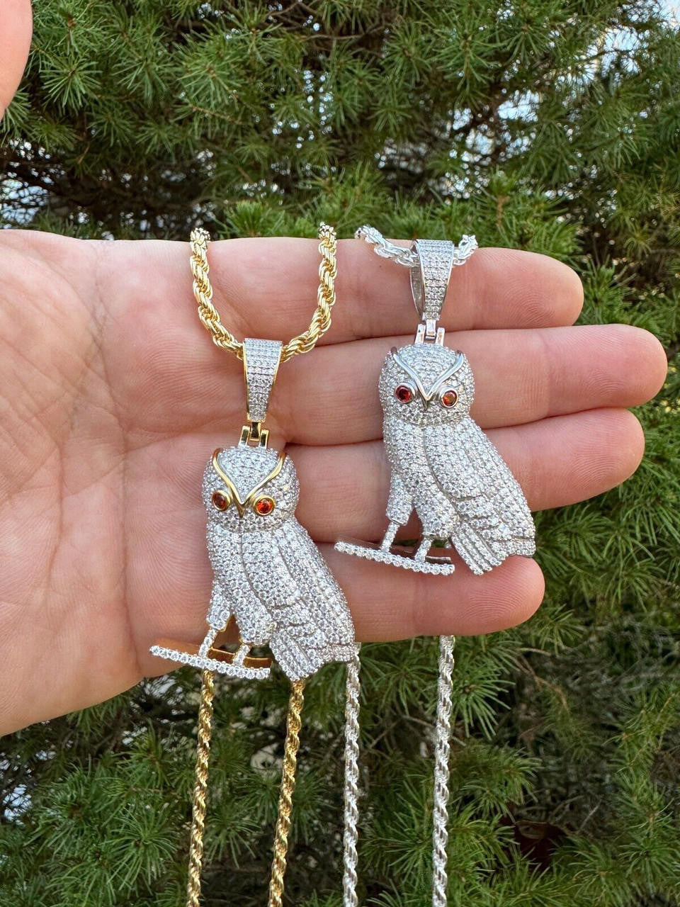MOISSANITE Owl Iced Out Pendant - 14k Gold Vermeil Or 925 Silver - Medium 2.25"