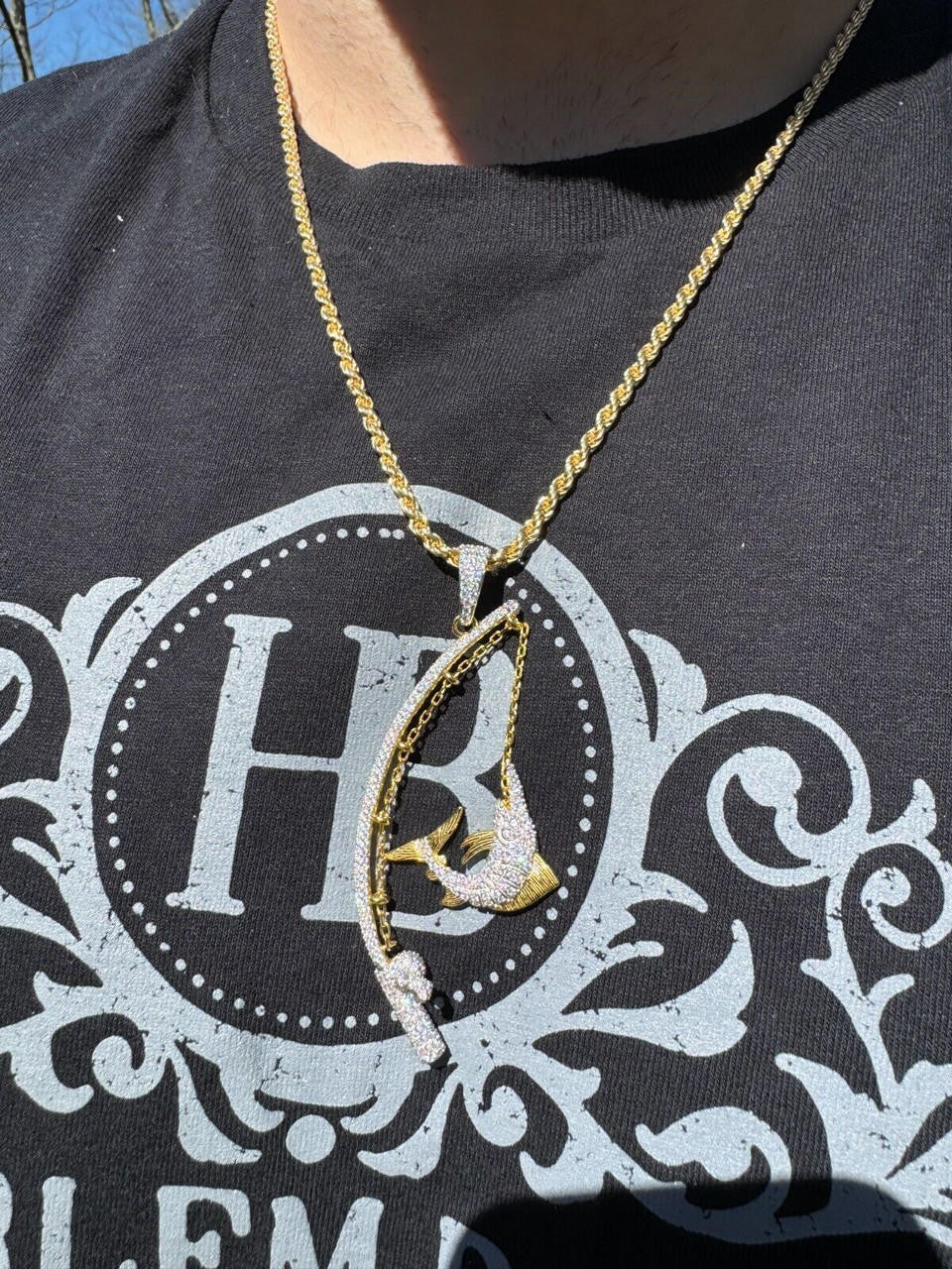 MOISSANITE Fishing  Rod & Fish Pendant - 14k Gold Vermeil Or 925 Silver - Medium 2"