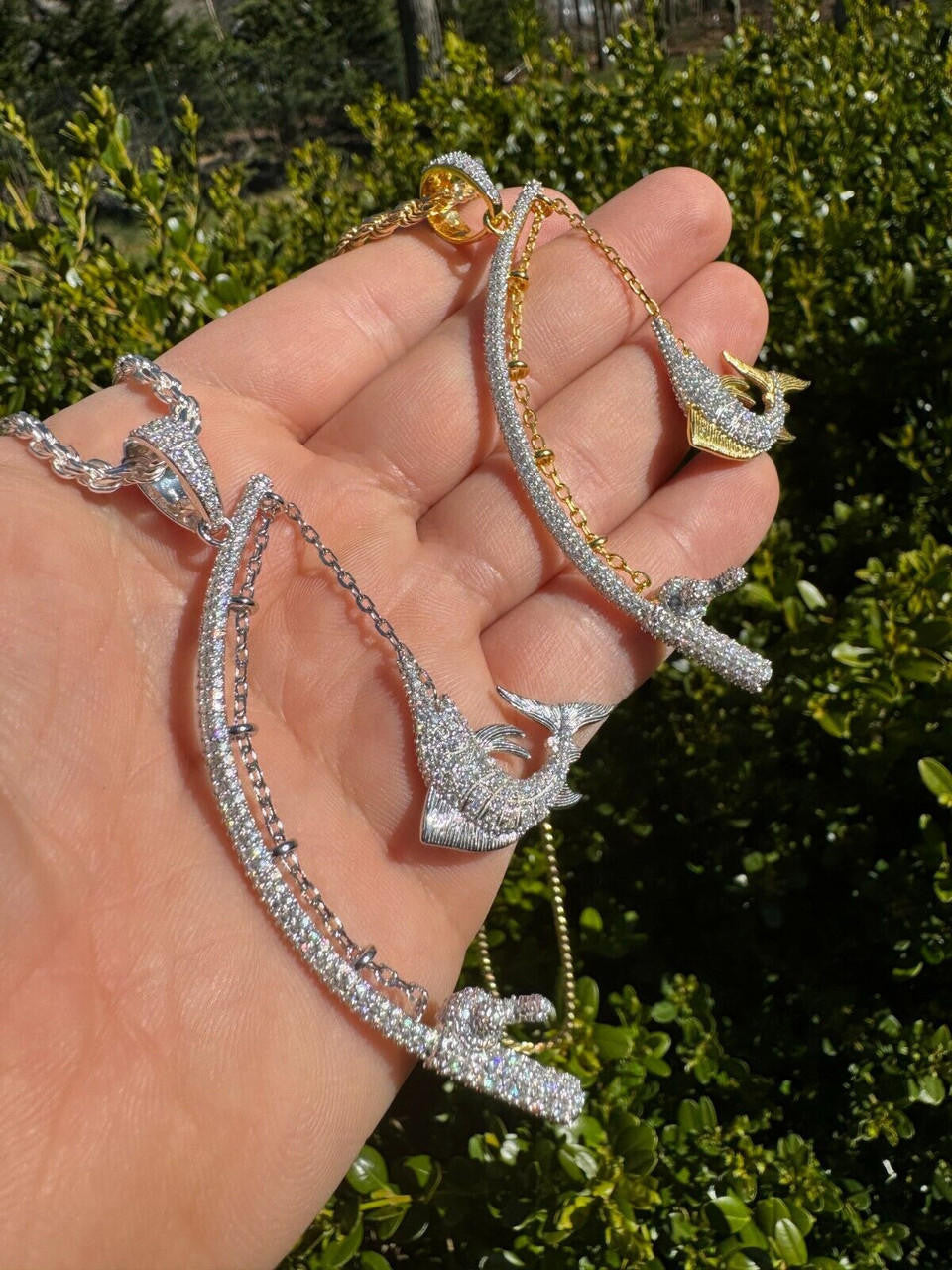 MOISSANITE Fishing  Rod & Fish Pendant - 14k Gold Vermeil Or 925 Silver - Medium 2"