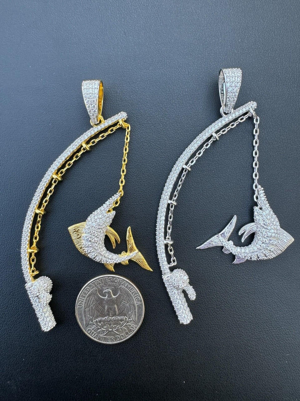 MOISSANITE Fishing  Rod & Fish Pendant - 14k Gold Vermeil Or 925 Silver - Medium 2"
