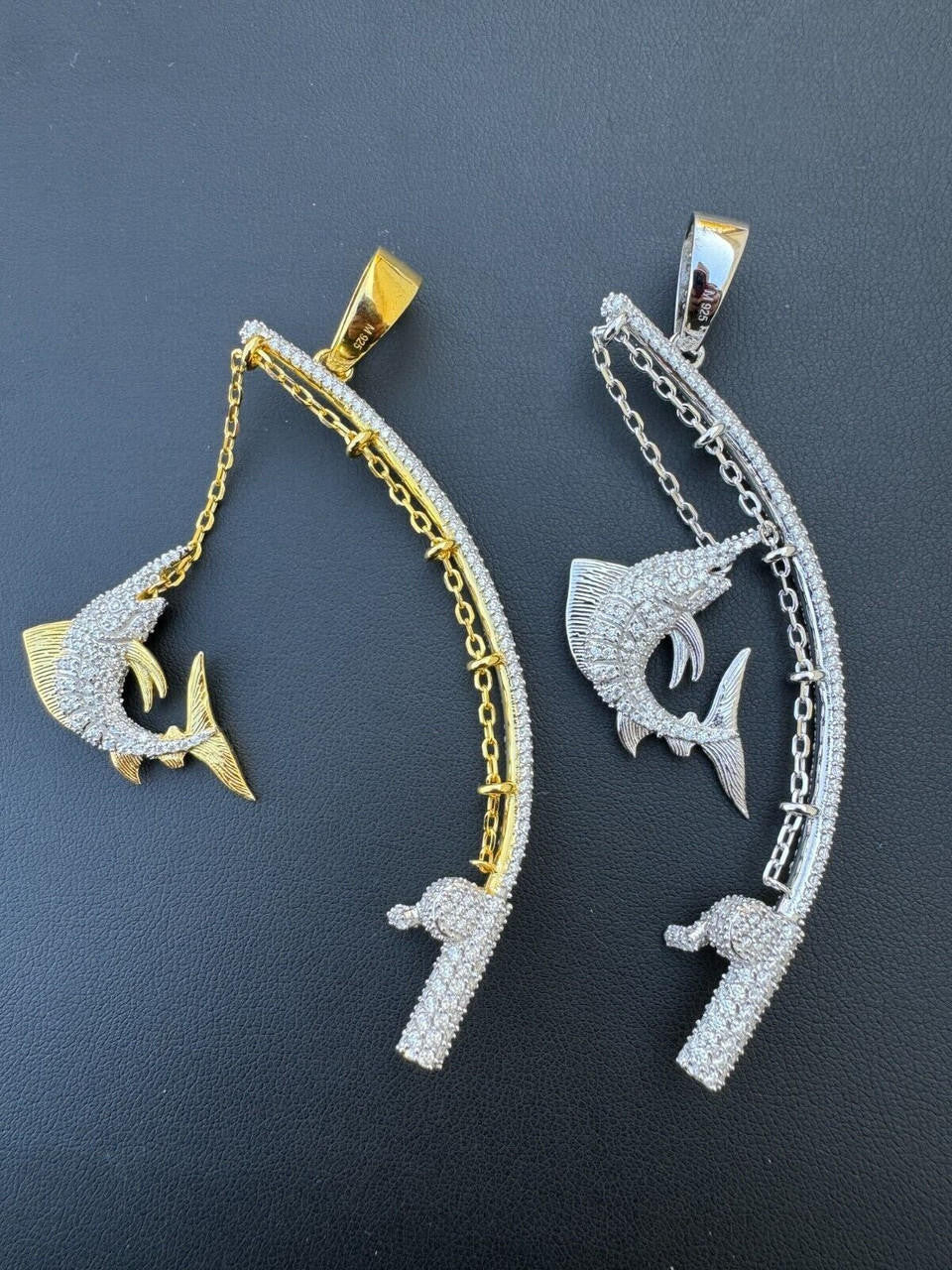 MOISSANITE Fishing  Rod & Fish Pendant - 14k Gold Vermeil Or 925 Silver - Medium 2"