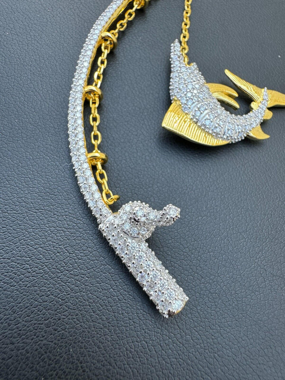 MOISSANITE Fishing  Rod & Fish Pendant - 14k Gold Vermeil Or 925 Silver - Medium 2"
