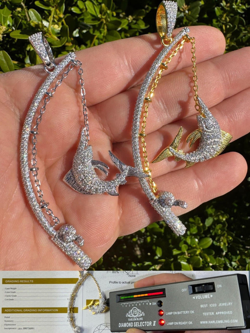 MOISSANITE Fishing  Rod & Fish Pendant - 14k Gold Vermeil Or 925 Silver - Medium 2"
