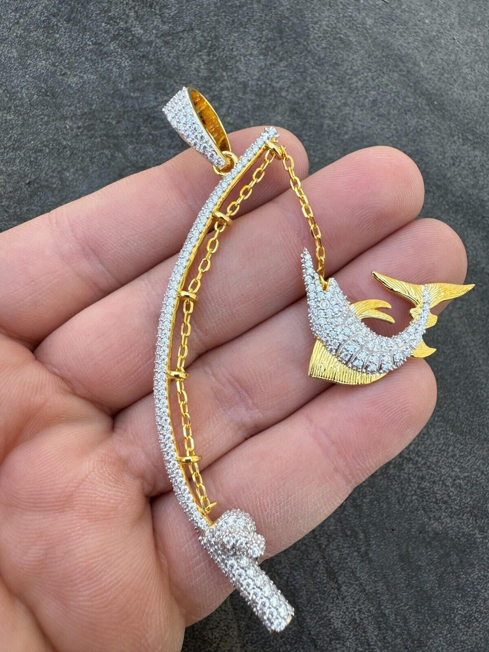 MOISSANITE Fishing  Rod & Fish Pendant - 14k Gold Vermeil Or 925 Silver - Medium 2"