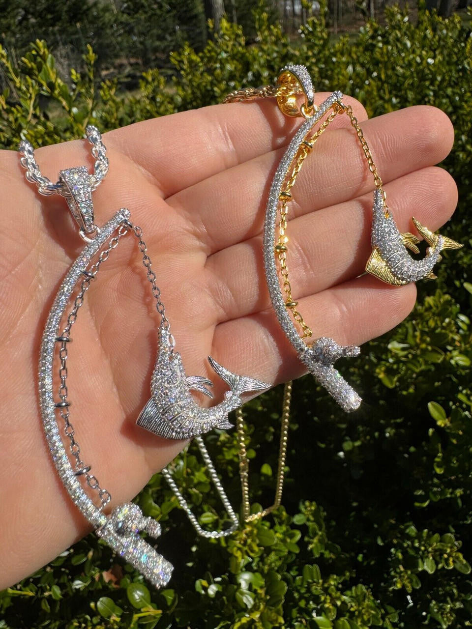 MOISSANITE Fishing  Rod & Fish Pendant - 14k Gold Vermeil Or 925 Silver - Medium 2"
