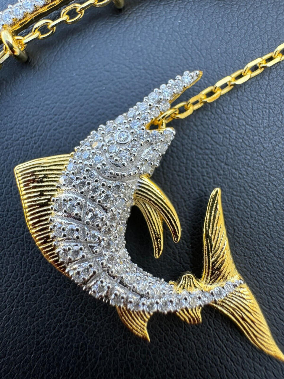 MOISSANITE Fishing  Rod & Fish Pendant - 14k Gold Vermeil Or 925 Silver - Medium 2"