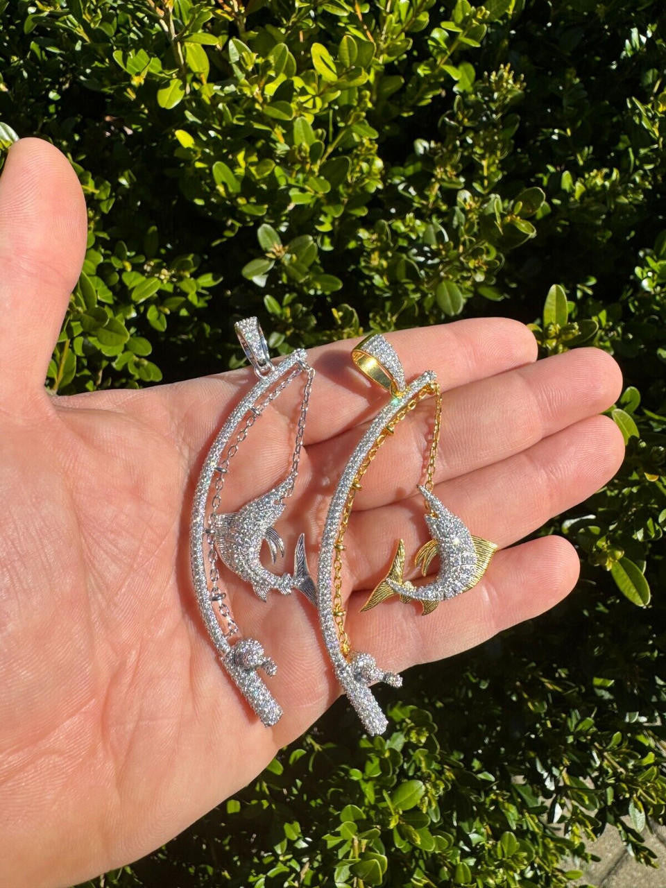 MOISSANITE Fishing  Rod & Fish Pendant - 14k Gold Vermeil Or 925 Silver - Medium 2"