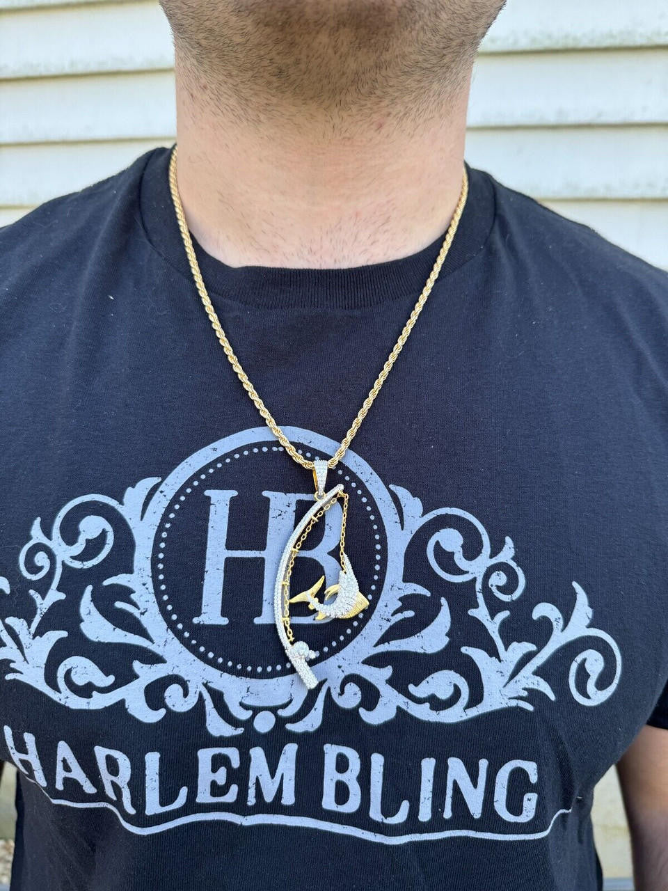 MOISSANITE Fishing  Rod & Fish Pendant - 14k Gold Vermeil Or 925 Silver - Medium 2"